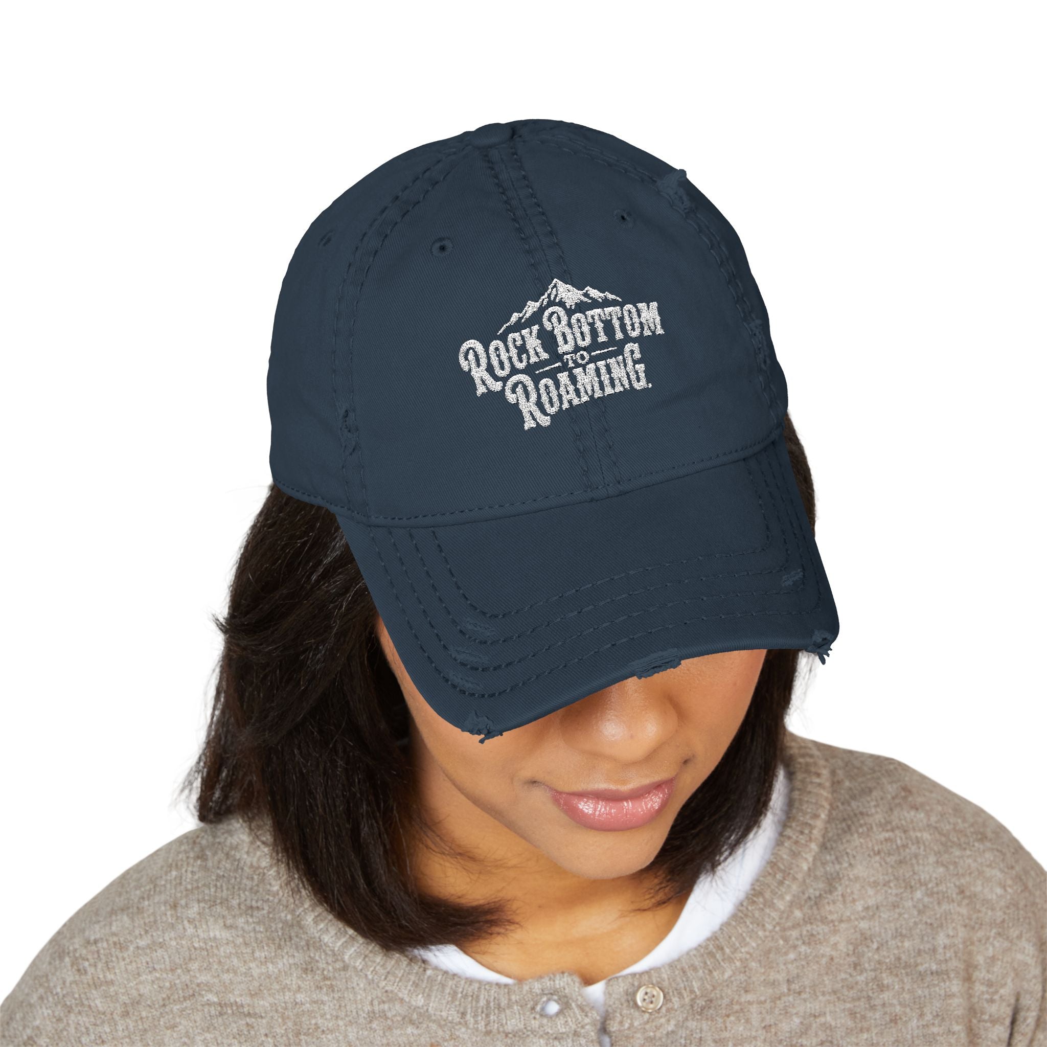 Rock Bottom Roaming Dad Hat | Distressed Embroidered Mountain Logo